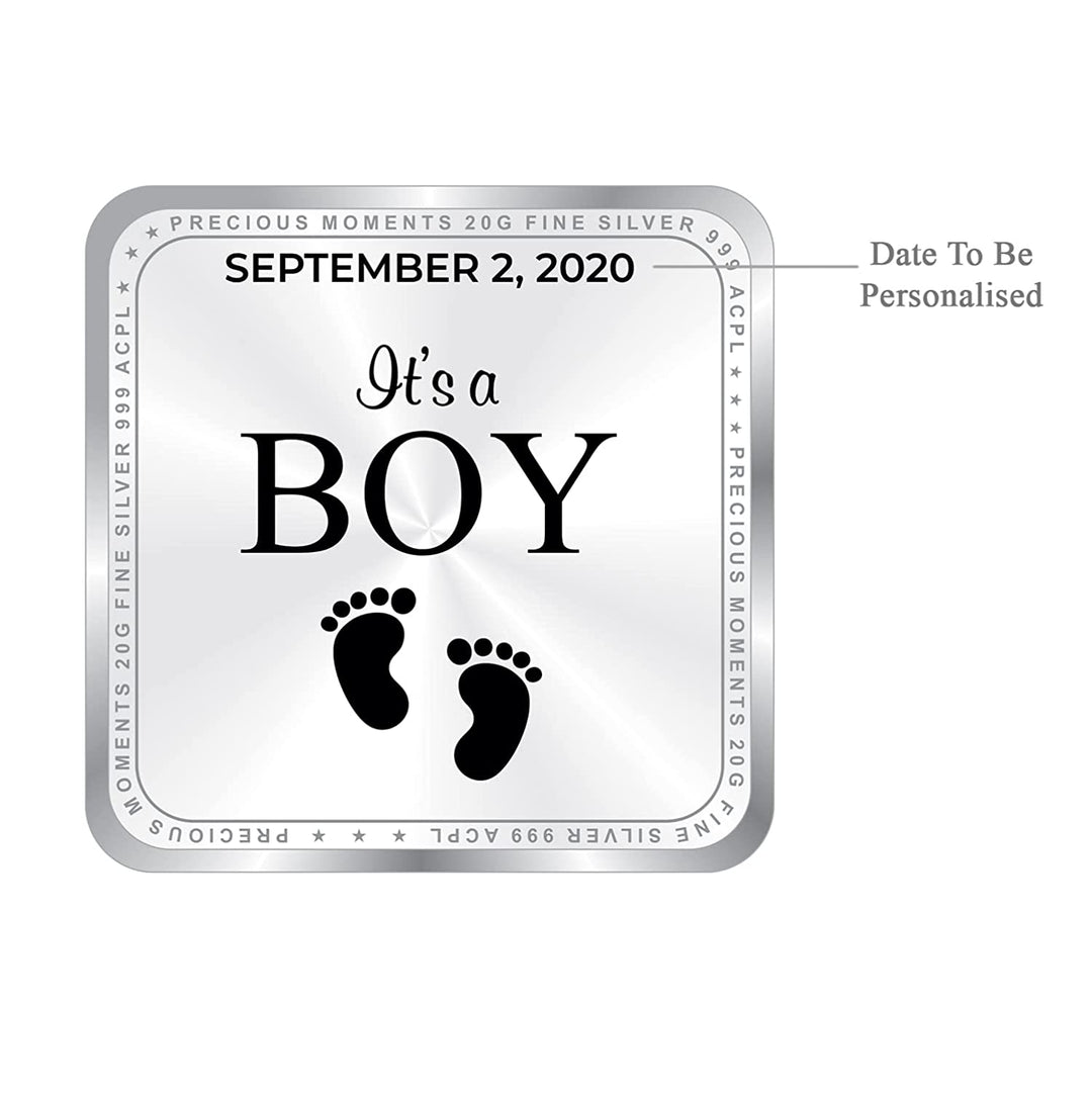 BIS Hallmarked Personalised Silver Square Coin New Born Baby Boy 20 Gram 999 Pure