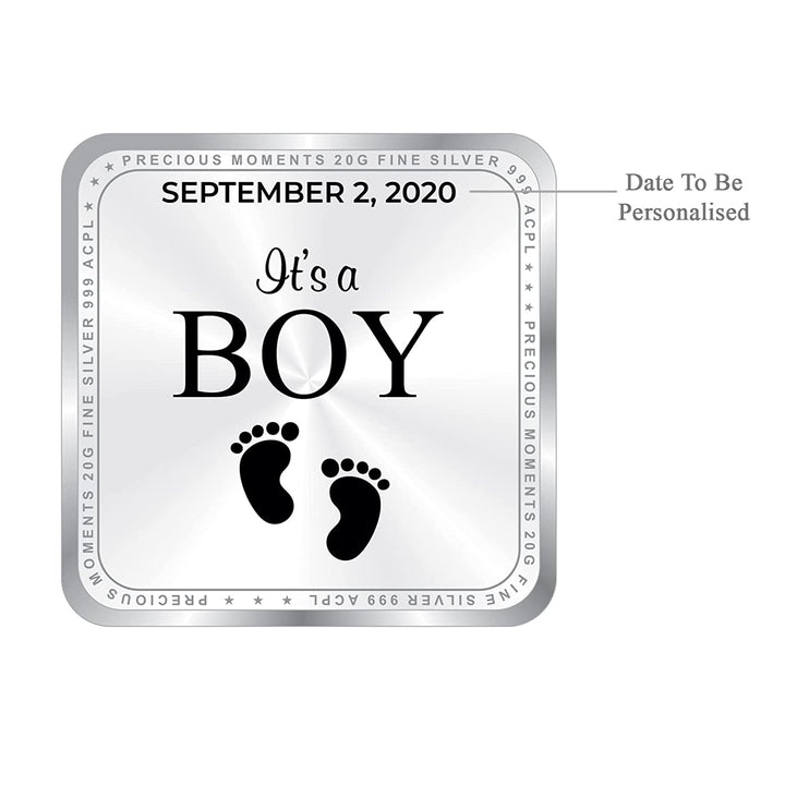 BIS Hallmarked Personalised Silver Square Coin New Born Baby Boy 20 Gram 999 Pure