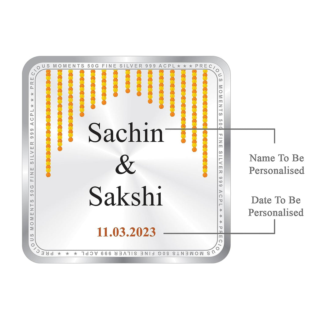 BIS Hallmarked Personalised Silver Square Coin for Newly Married Anniversary 999 Purity