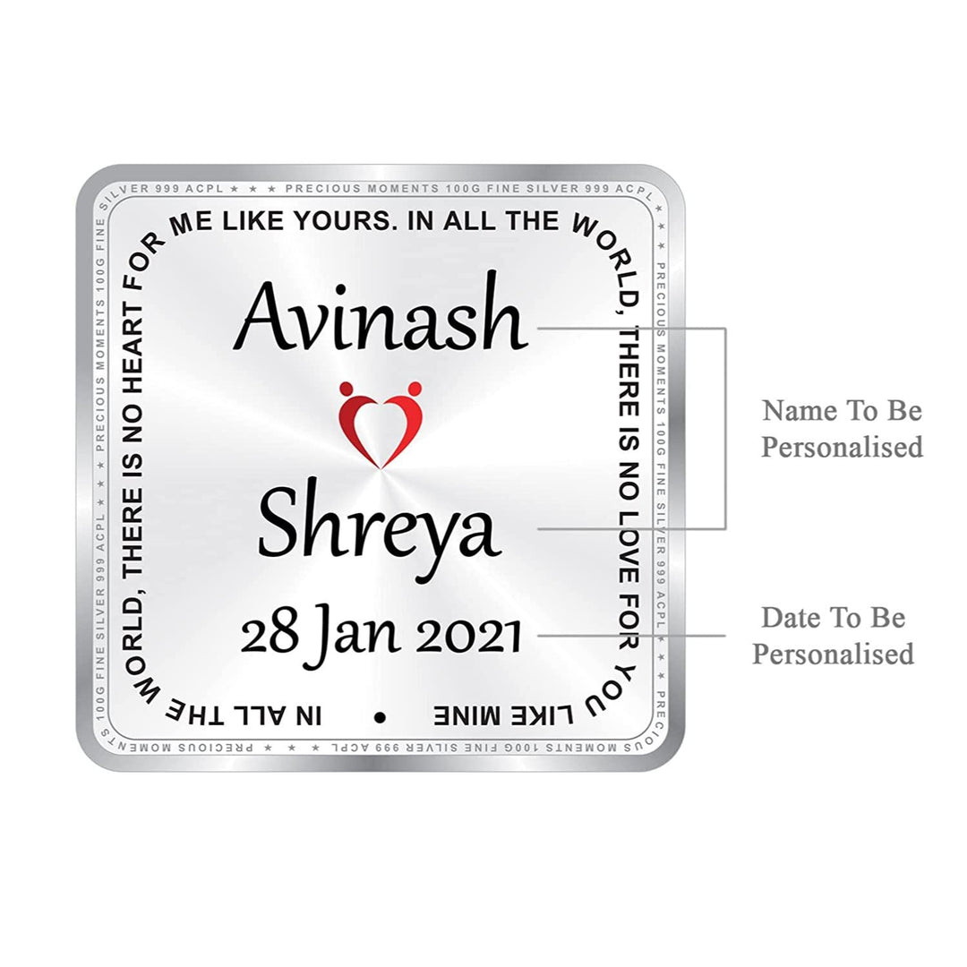 BIS Hallmarked Personalised Silver Square Coin Wedding Anniversary 100 Gram 999 Pure