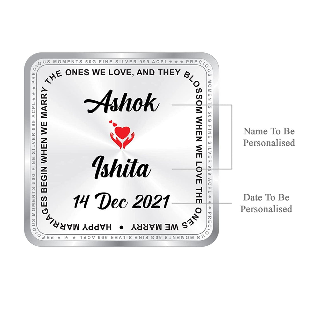 BIS Hallmarked Personalised Silver Square Coin Newly Married 50 Gram 999 Pure