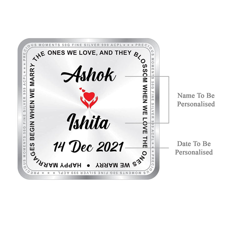 BIS Hallmarked Personalised Silver Square Coin Newly Married 50 Gram 999 Pure