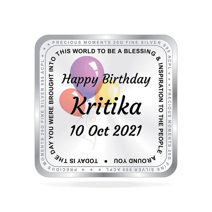 BIS Hallmarked Personalised Happy Birthday Silver Square Coin 20 Gram 999 Pure