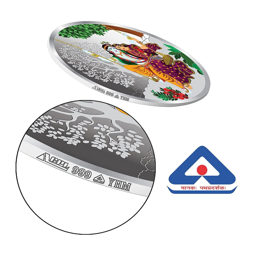BIS Hallmarked Radha Krishna Colourful Peacock Silver Coin 999 Pure