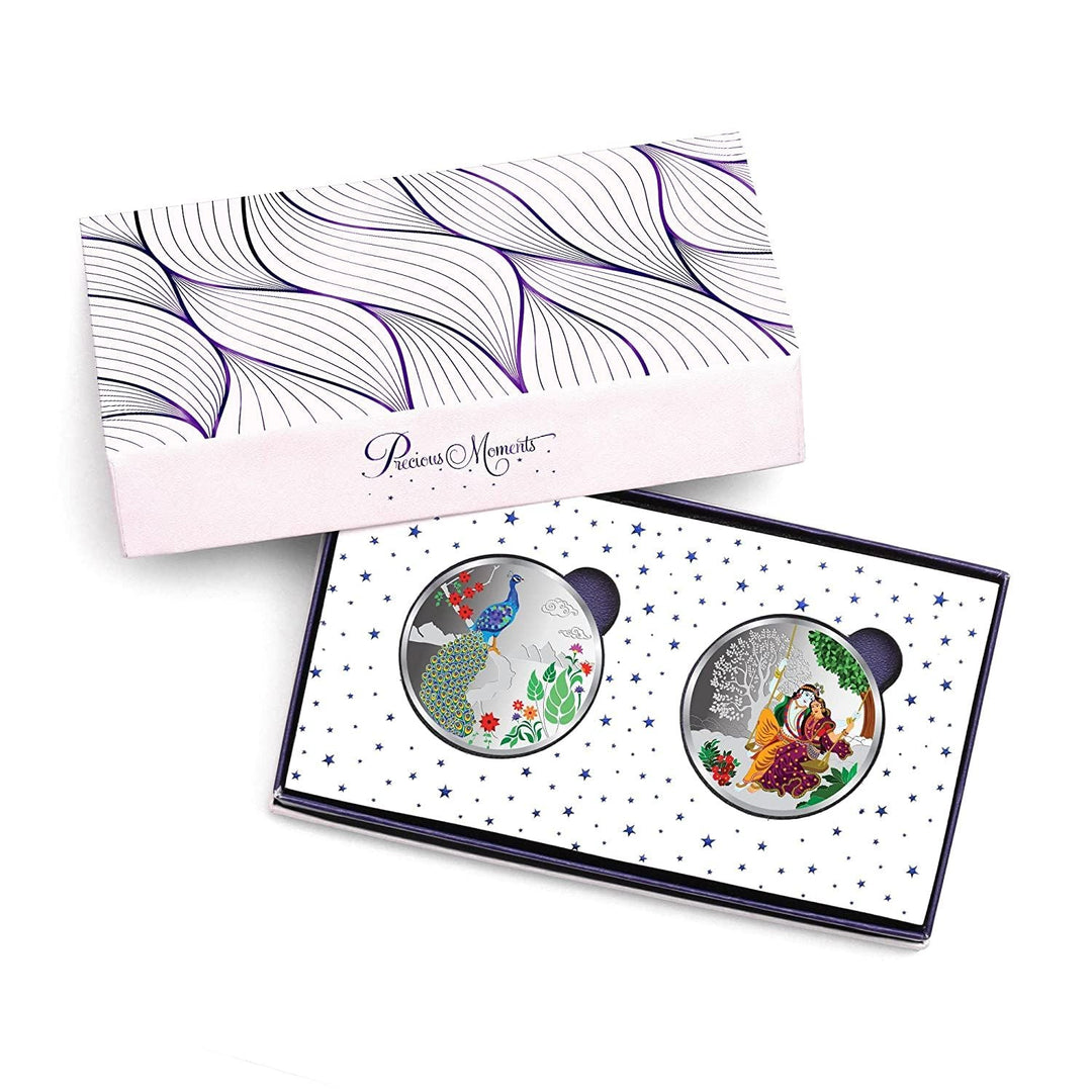 BIS Hallmarked Radha Krishna Colourful Peacock Silver Coin 999 Pure