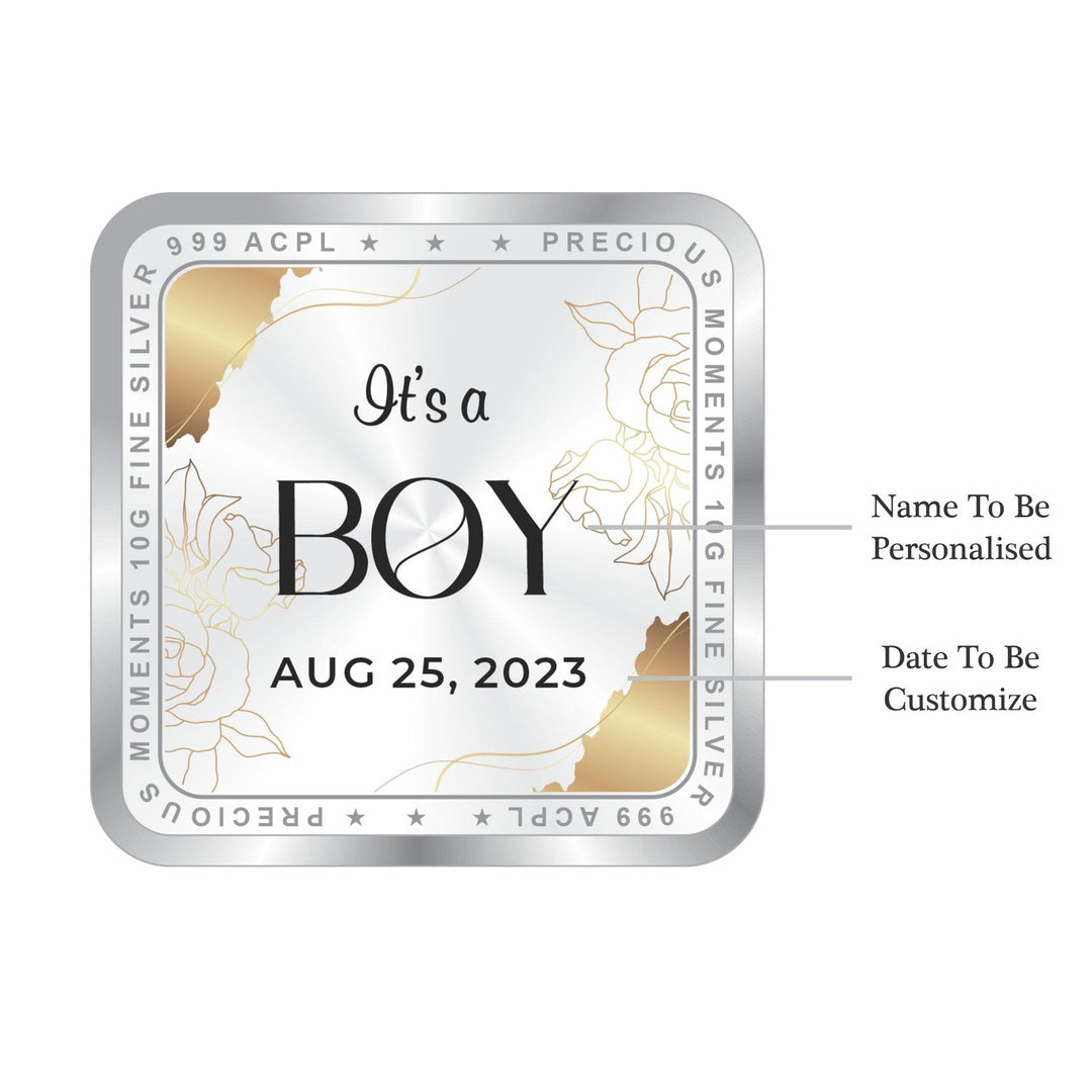 BIS Hallmarked Personalised New Born Baby Boy Square Silver Coin 999 Purity