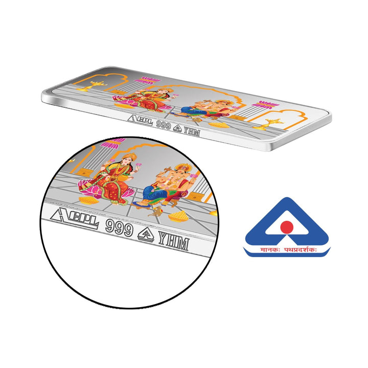 BIS Hallmarked Laxmi Ganesh Colorful 50Gm Silver Bar 999 Purity