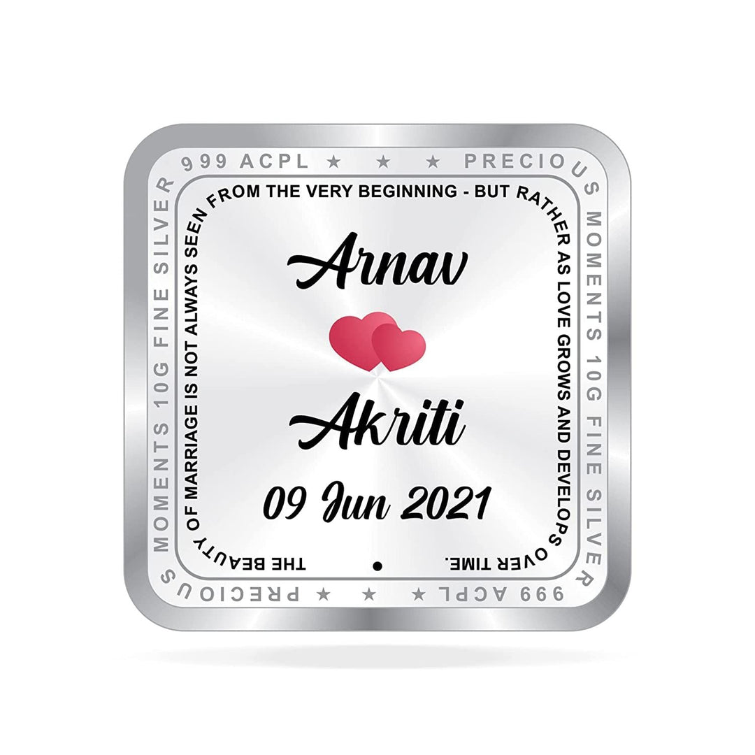 BIS Hallmarked Newly Married Personalised Silver Square Coin (999 Purity)