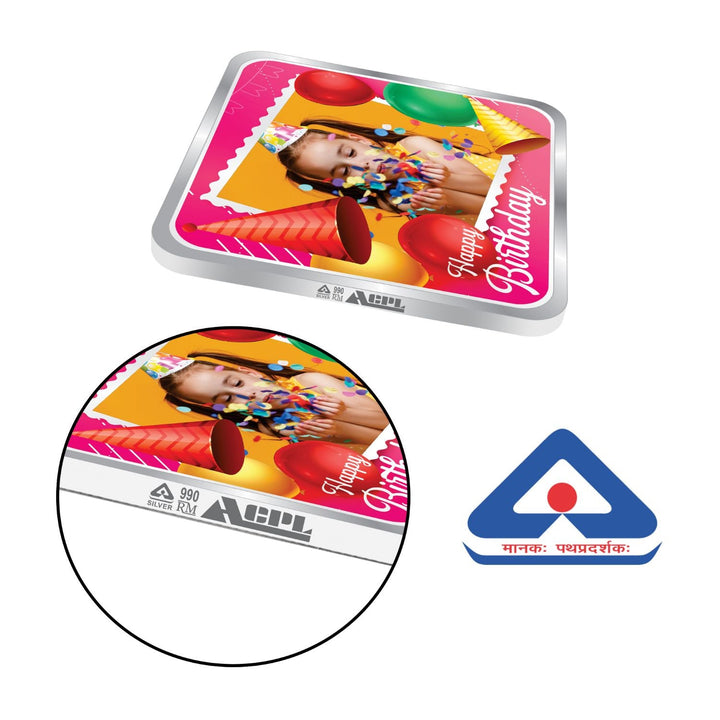 BIS Hallmarked Happy Birthday Personalised Silver Square Coin 999 Pure