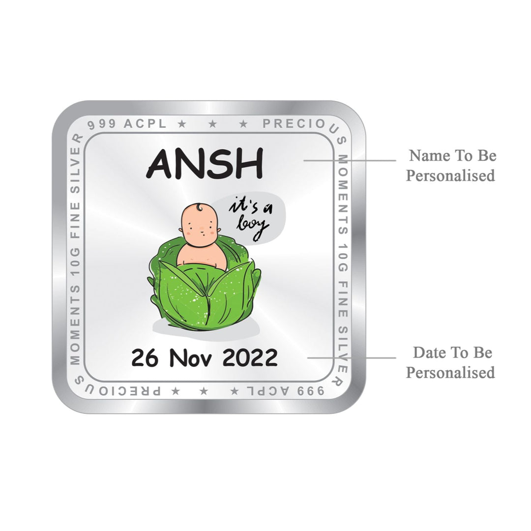 BIS Hallmarked Personalised New Born Baby Boy Silver Square Coin (999 Purity)