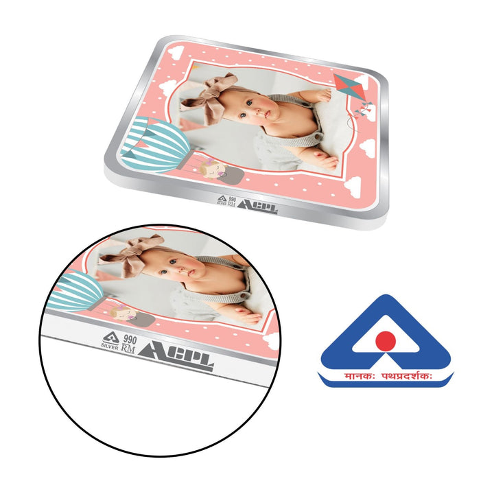 BIS Hallmarked Personalised New Born Baby Girl Silver Square Coin (999 purity)