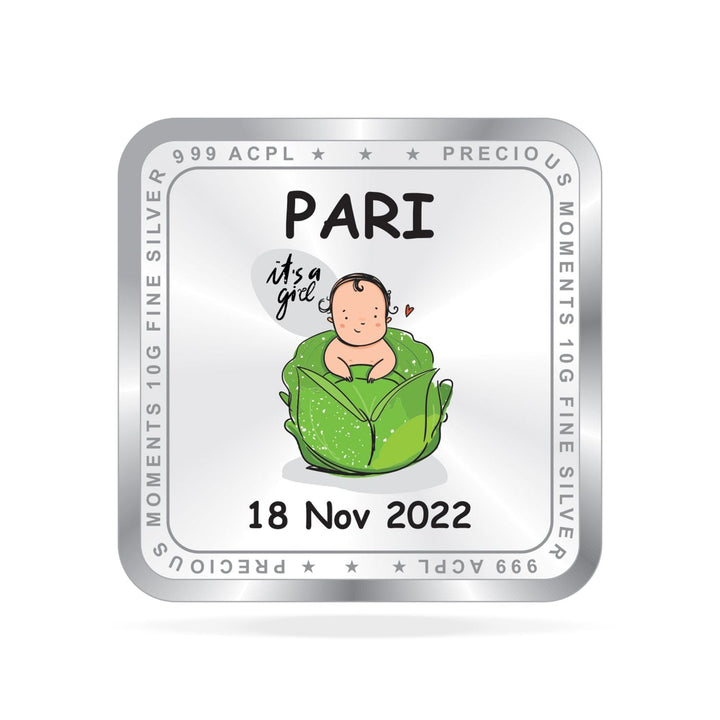BIS Hallmarked Personalised New Born Baby Girl Silver Square Coin (999 purity)