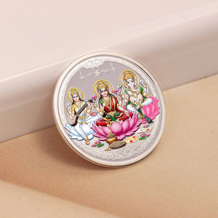 BIS Hallmarked Laxmi Ganesh Saraswati Silver Coin With 999 Purity
