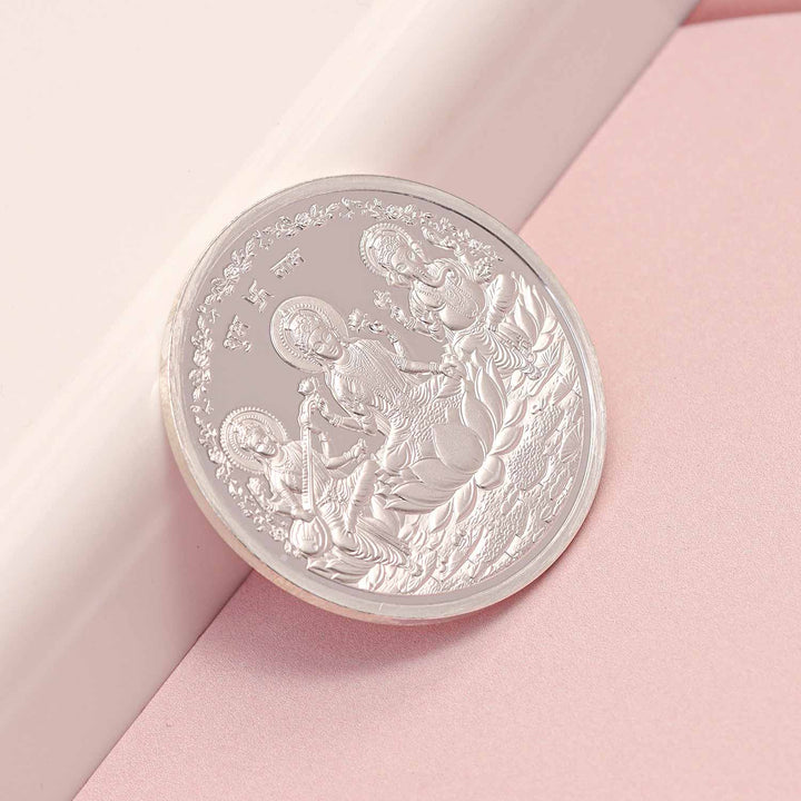 BIS Hallmarked Laxmi Ganesh & Saraswati Silver Coin With 999 Purity