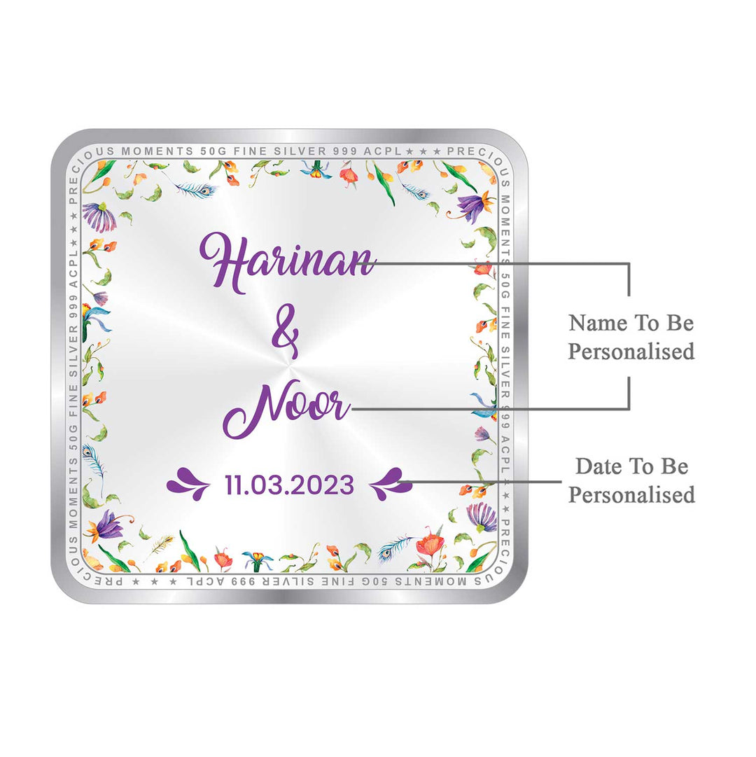 BIS Hallmarked Personalised Newly Married Anniversary Beautiful Square 999 Purity Silver Coin