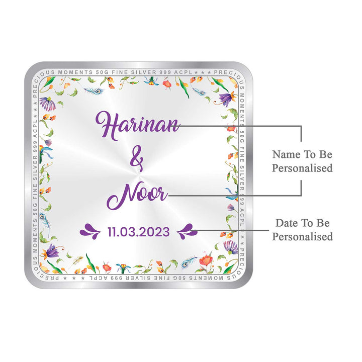 BIS Hallmarked Personalised Newly Married Anniversary Beautiful Square 999 Purity Silver Coin