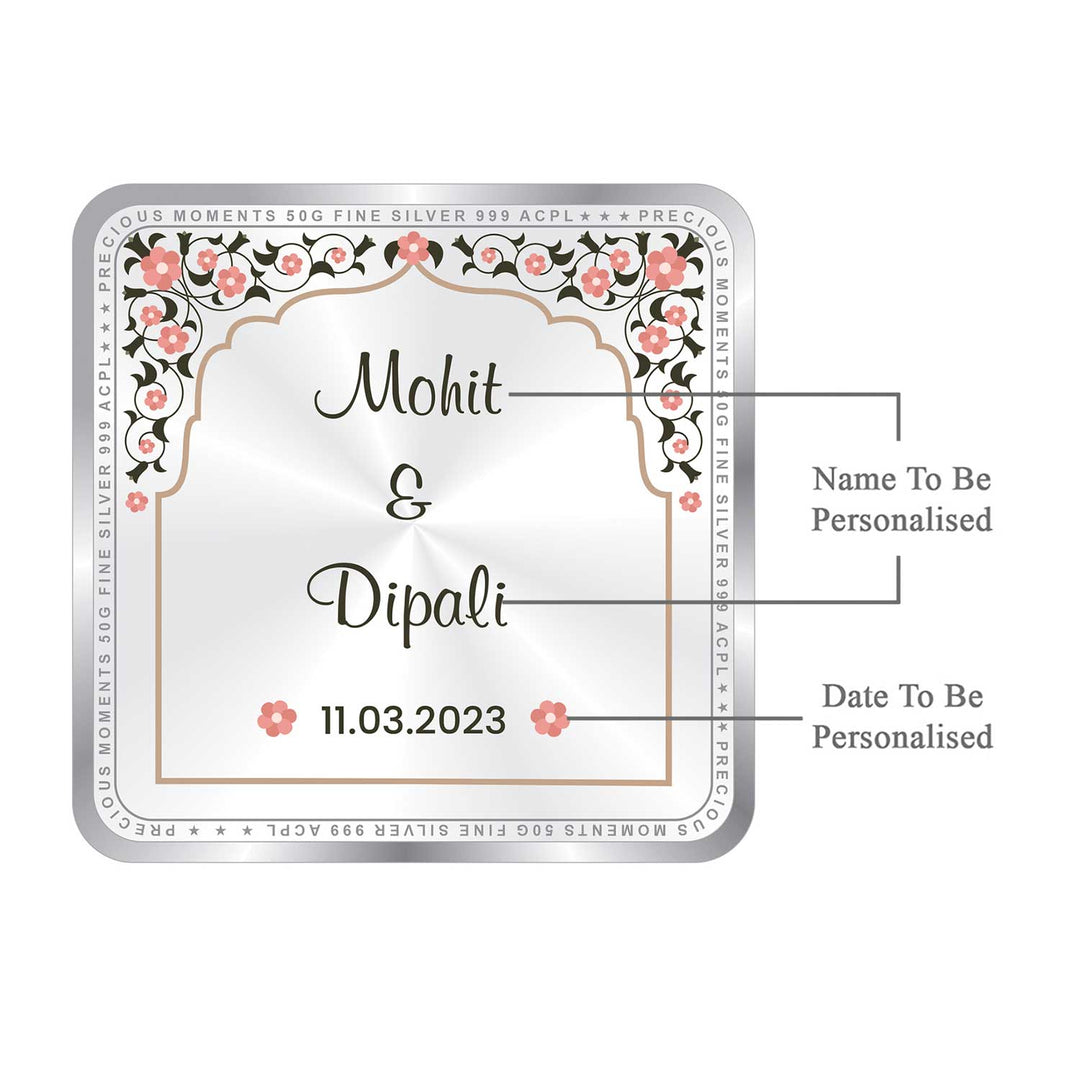 BIS Hallmarked Personalised Newly Married Anniversary Beautiful Square Silver Coin ( 999 Purity )