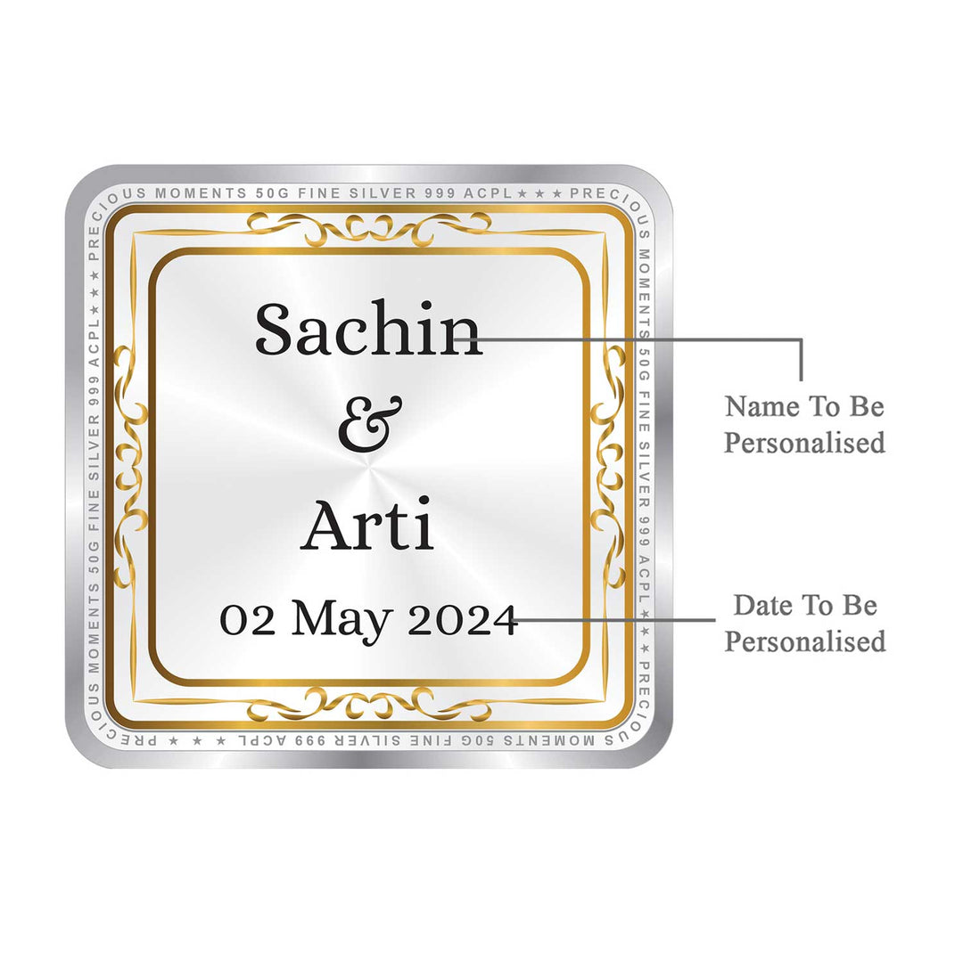 BIS Hallmarked Personalised Newly Married Anniversary Beautiful Square Silver Coin  ( 999 Purity )