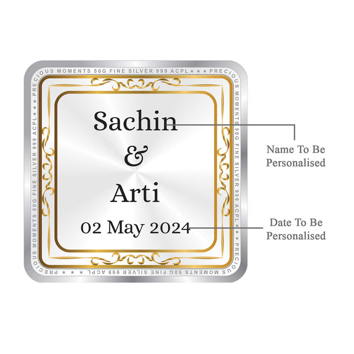BIS Hallmarked Personalised Newly Married Anniversary Beautiful Square Silver Coin  ( 999 Purity )